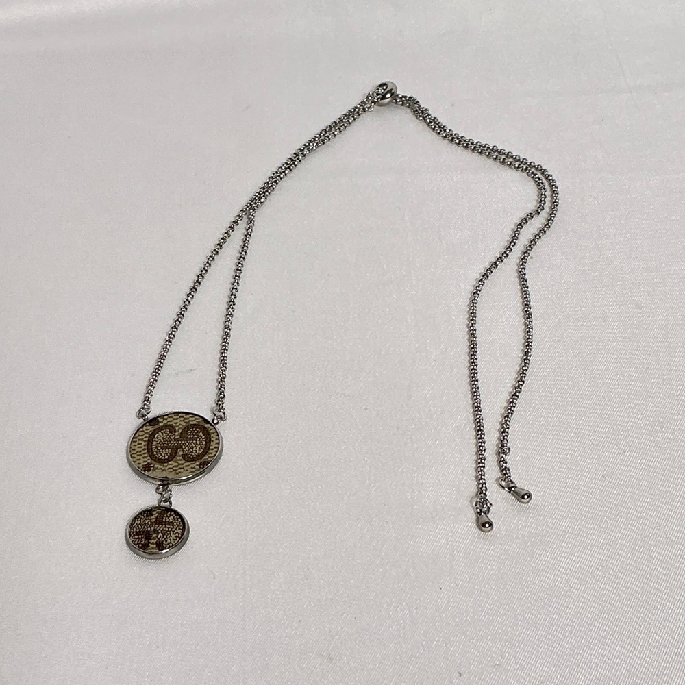 Gucci Monogram Canvas Silver Double Pendant cabochons necklace.